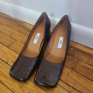 Women Miista Aster Square Toe Brown Leather Croc Block Heels 40